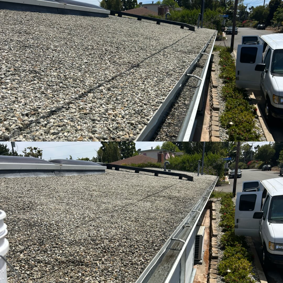 Before and after gutter cleaning on San Diego flat roof