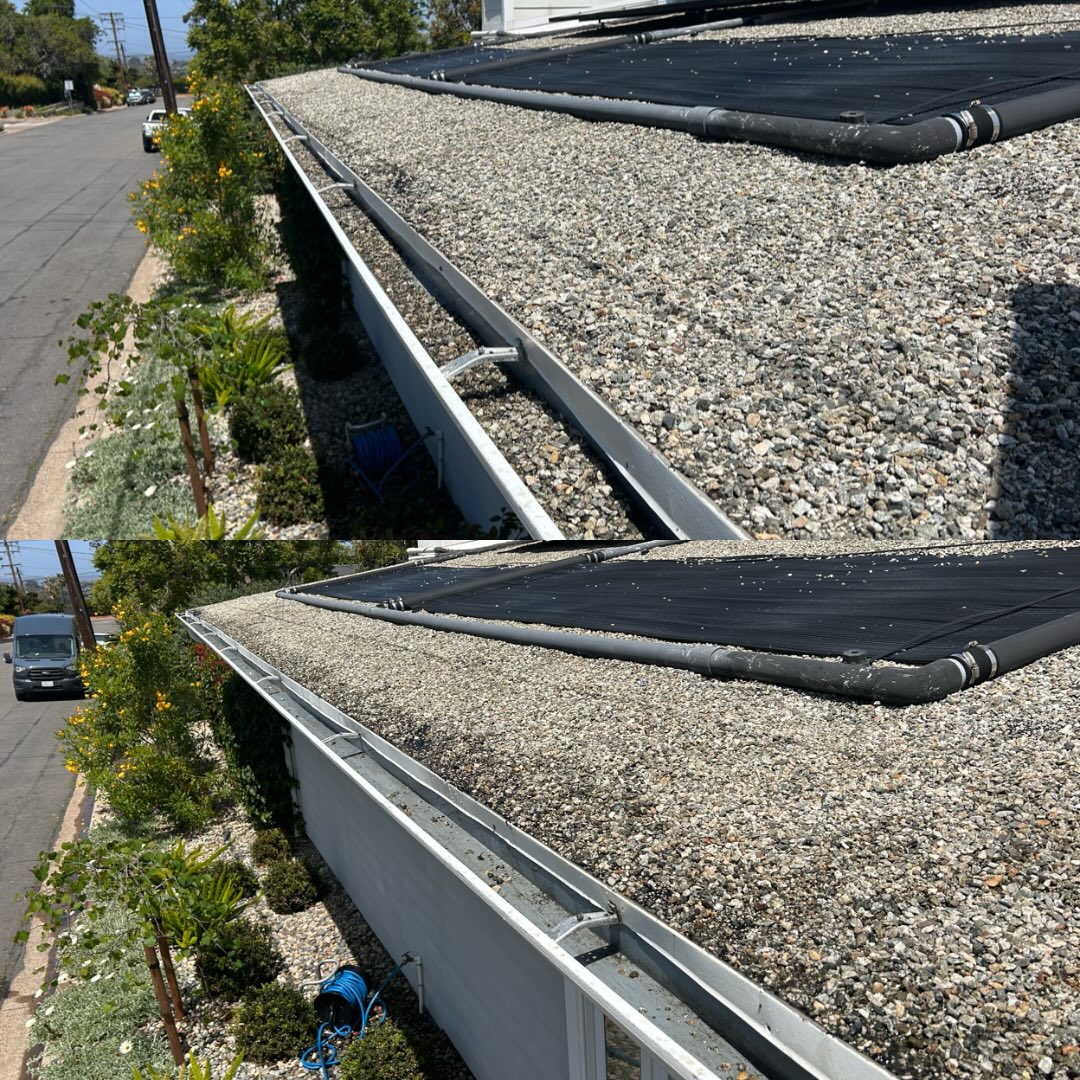 Before and after gutter cleaning with solar panels in San Diego